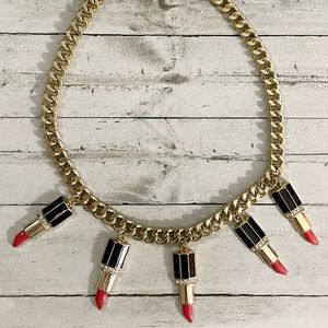 Gold Tone and Enamel Lipstick Chain Link Statement Piece Necklace & Earring Set